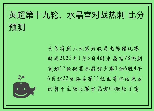 英超第十九轮，水晶宫对战热刺 比分预测